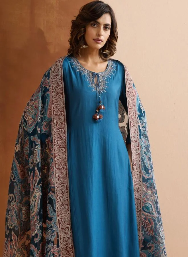 ISHIN Women's Teal Polyester Blend Embroidered Tunic Full Length Palazzo Straight Fit Kurta Set