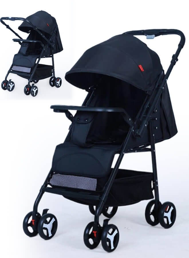Lightweight Two-Way Baby Stroller with Tray and Mosquito Net, Compact Fold, 360° Swivel Wheels with Dual Brakes, Extra-Large Canopy with Viewing Window & Storage Basket – Black, for 0–36 Months