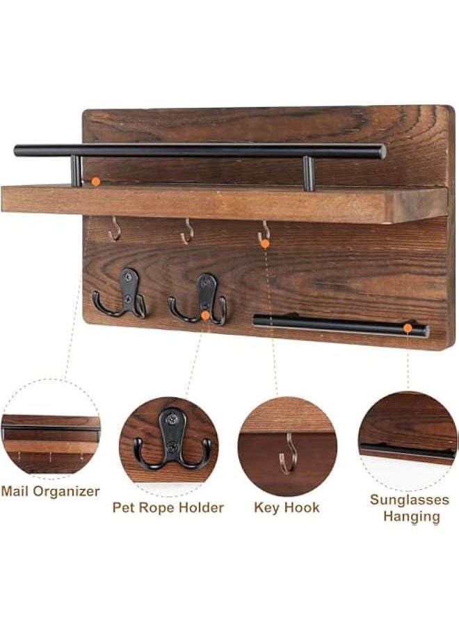 HOOKOR Durku Wall Mounted Key Holder/Hangers for Wall Decorative with 5 Key Hooks, Wooden Mail Rack Organizer with Shelf, Rustic Home Decor for Entryway Mudroom Hallway Office (Brown)  - Image 5