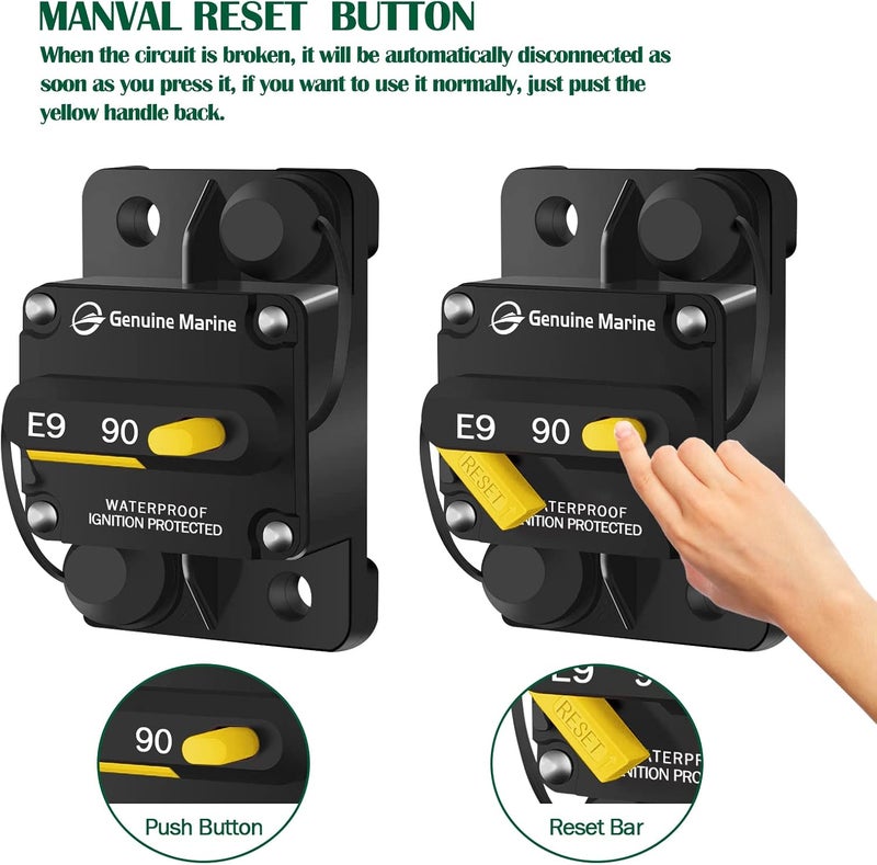LENKRAD 90 Amp Marine Circuit Breaker Resettable 90A with Manual Reset Switch Button for Boat, Trolling, RV, Yacht, 12V - 48V DC, Waterproof, Surface Mount(90 Amp Boat Circuit Breaker) - Image 4