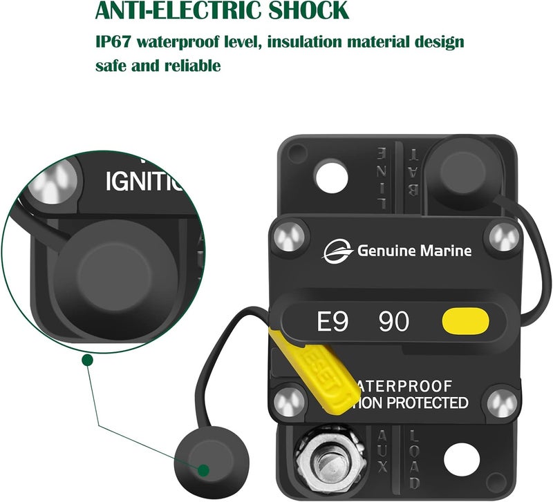 LENKRAD 90 Amp Marine Circuit Breaker Resettable 90A with Manual Reset Switch Button for Boat, Trolling, RV, Yacht, 12V - 48V DC, Waterproof, Surface Mount(90 Amp Boat Circuit Breaker) - Image 3