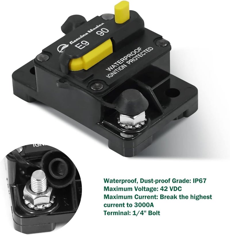 LENKRAD 90 Amp Marine Circuit Breaker Resettable 90A with Manual Reset Switch Button for Boat, Trolling, RV, Yacht, 12V - 48V DC, Waterproof, Surface Mount(90 Amp Boat Circuit Breaker) - Image 2