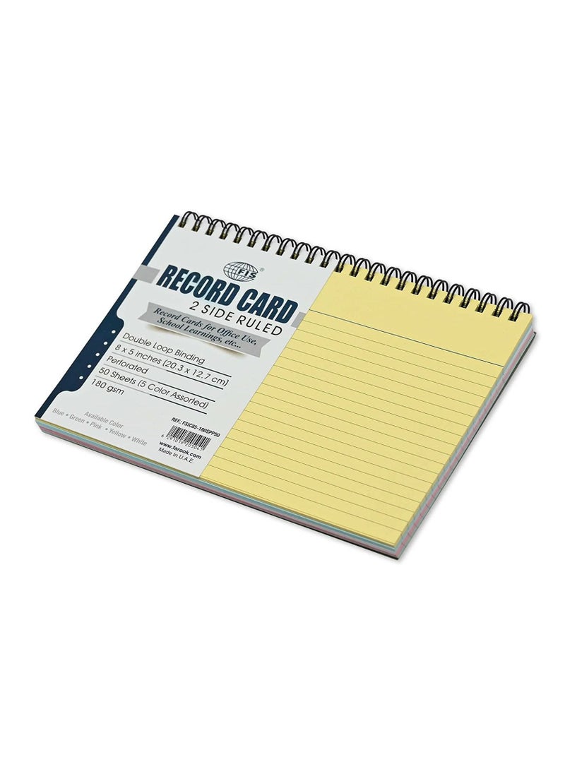 FIS - FIS Ruled Record Card 180 Gsm 8X5 Inch Double Loop Spiral Assorted 50 Sheets -FSIC85-180SPP50 - Image 1