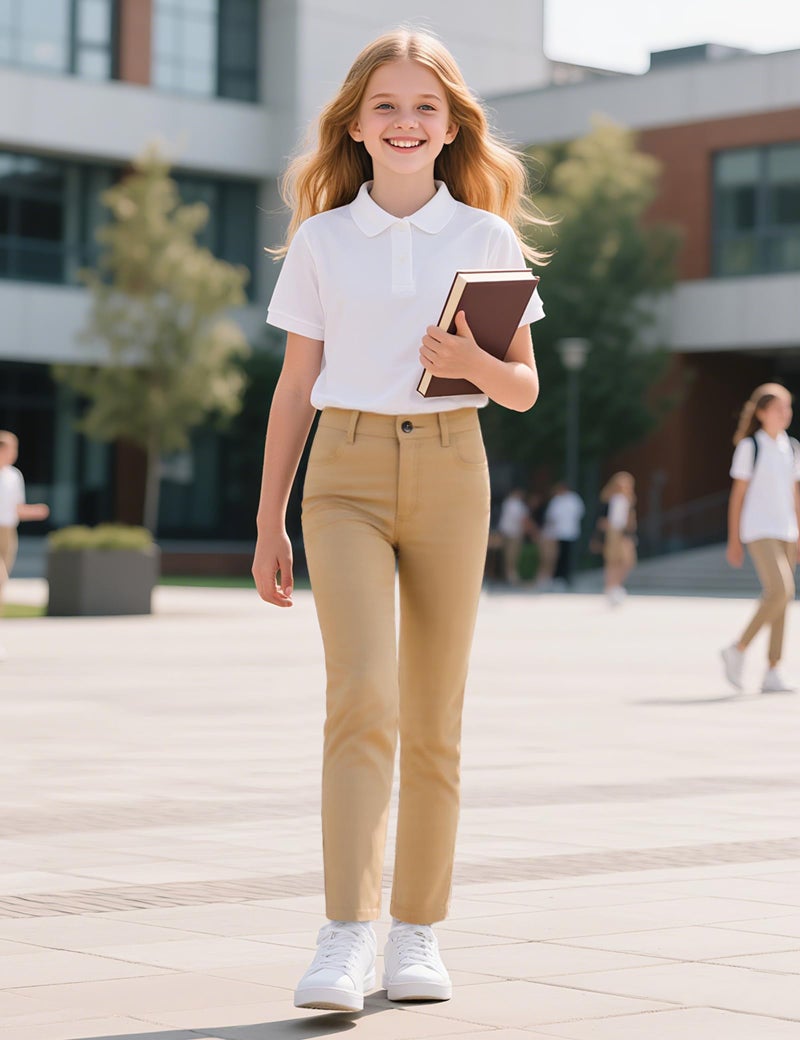 KEREDA Girls School Uniform Slim Fit Pants with Pockets, Elastic Waist, School Skinny Pants for Teen Girls Clothes 11-12 Years Khaki - Image 3