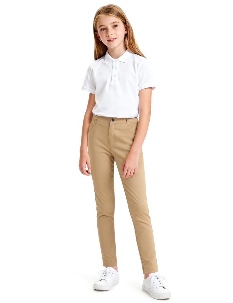 KEREDA Girls School Uniform Slim Fit Pants with Pockets, Elastic Waist, School Skinny Pants for Teen Girls Clothes 11-12 Years Khaki - Image 1
