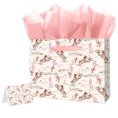 Linelglobal Large Cowgirl Gift Bag with Tissue Ppaer for Women Girl Birthday Western Theme Party Rodeo Stuffer 12.6" - Image 1