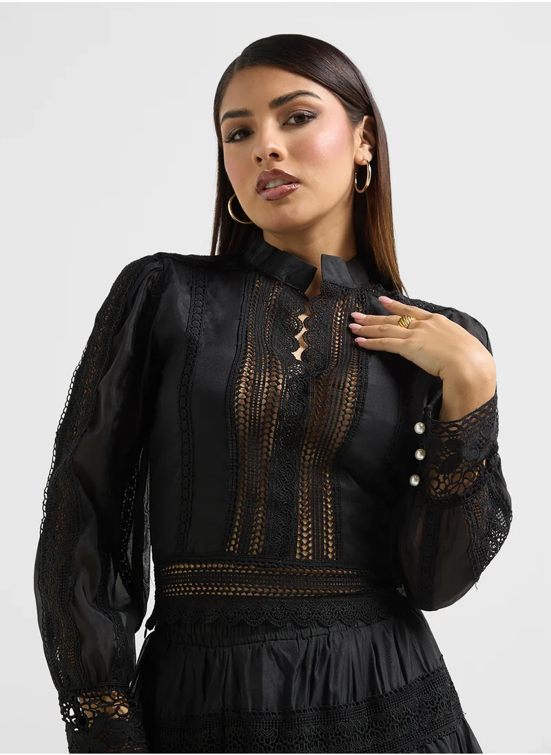 Khizana Top & Skirt Set With Lace Trims