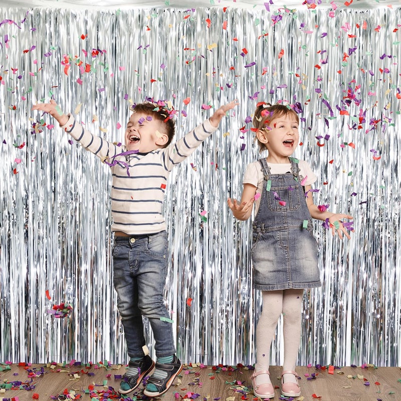 GOER 6.4 ft x 8.2 ft Metallic Tinsel Foil Fringe Curtains,Pack of 2 Party Streamer Backdrop for Birthday,Graduation Decorations and New Year Eve (Silver) - Image 4