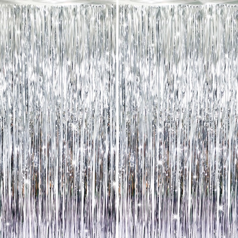 GOER 6.4 ft x 8.2 ft Metallic Tinsel Foil Fringe Curtains,Pack of 2 Party Streamer Backdrop for Birthday,Graduation Decorations and New Year Eve (Silver) - Image 1