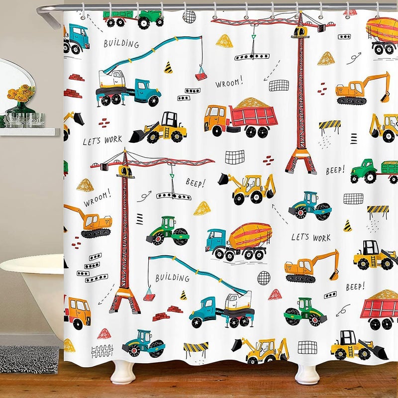 Erosebridal Kid Excavator Shower Curtain Tractor Machinery Trucks Shower Curtain Construction Vehicle Bathroom Curtains For Boys Bulldozer Crane Bath Curtain Equipment Truck Bath Curtain 72 W x 72 L 