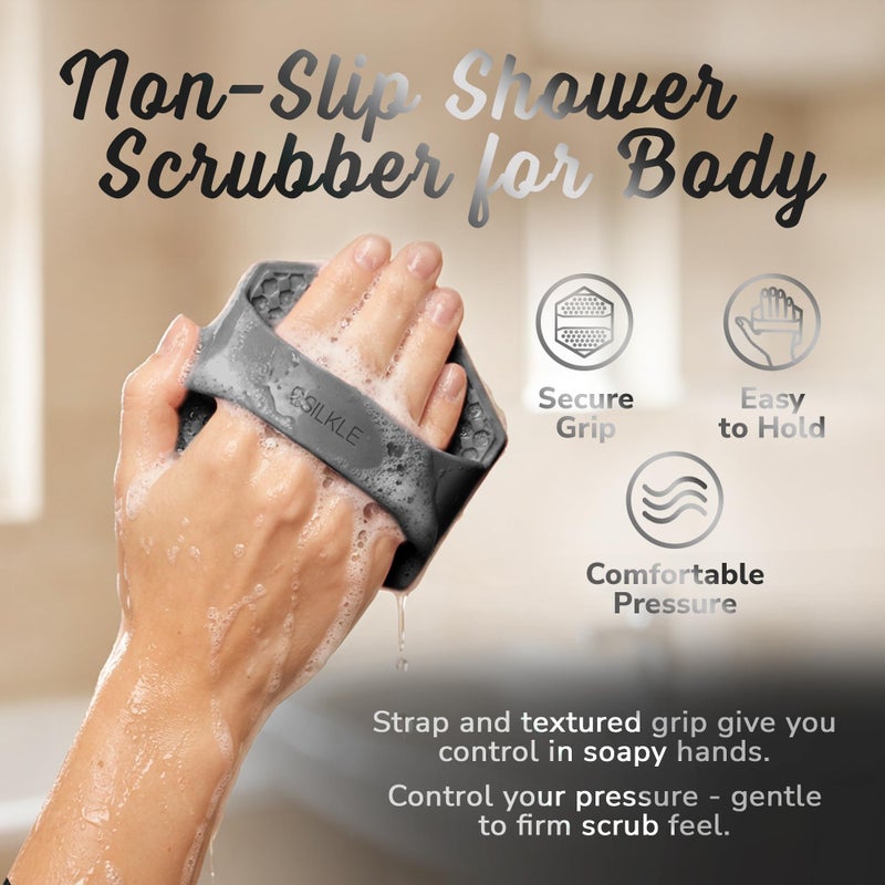 SILKLE Silicone Body Scrubber â€“ Gentle Exfoliating Shower Scrubber for Body & Bath, Silicone Shower Brush & Loofah Alternative â€“ Non-Slip Silicone Body Brush, Quick Dry, Hygienic - Black - Image 4