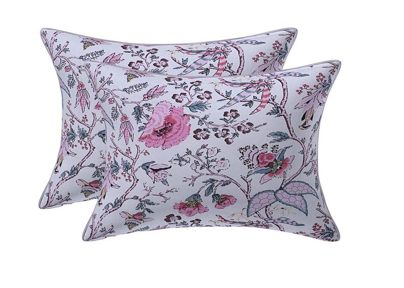 Texstylers Floral Pure Cotton Set of 2 Pcs Jaipuri Print 12 x 18 Small Cushion Pillow Covers Baby Pink - Image 1