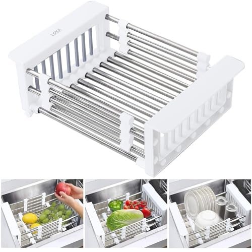 Lipka Adjustable Stainless Steel Sink Basket for Kitchen | Expandable Dish Drying Rack Over Sink (Up to 50cm) | Sliding Strainer Colander for Fruits, Vegetables, Utensils, Dish Drainer Tray - Image 1