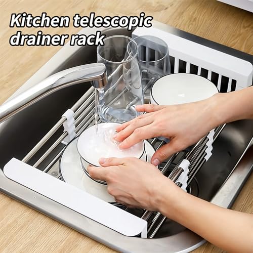 Lipka Adjustable Stainless Steel Sink Basket for Kitchen | Expandable Dish Drying Rack Over Sink (Up to 50cm) | Sliding Strainer Colander for Fruits, Vegetables, Utensils, Dish Drainer Tray - Image 5