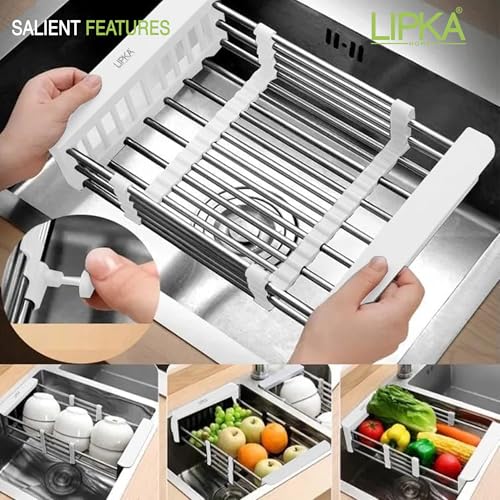 Lipka Adjustable Stainless Steel Sink Basket for Kitchen | Expandable Dish Drying Rack Over Sink (Up to 50cm) | Sliding Strainer Colander for Fruits, Vegetables, Utensils, Dish Drainer Tray - Image 3