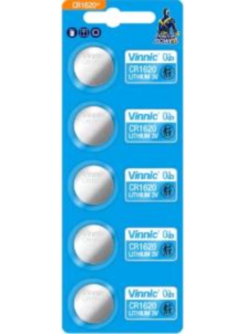 5 بطاريات ليثيوم Vinnic CR1620 بجهد 3 فولت (قطب موجب) وخالية من الزئبق (0% Hg)
