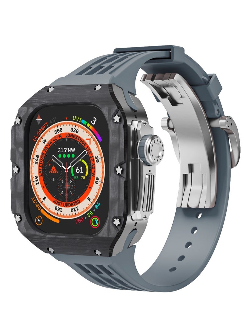 AROAQ Carbon Fiber Case For Apple Watch, 49mm Fluororubber Band Metal Bazel For Iwatch, Ultra Titanium Alloy Integrated Protective Case, (Carbon shell-silver titanium frame-grey tape) - Image 1