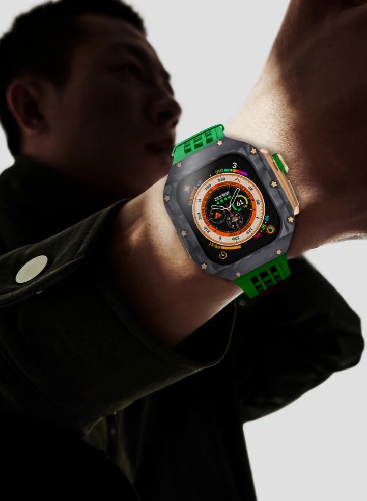 AROAQ Carbon Fiber Case For Apple Watch, 49mm Fluororubber Band Metal Bazel For Iwatch, Ultra Titanium Alloy Integrated Protective Case, (Carbon shell-silver titanium frame-grey tape) - Image 4