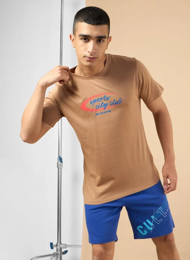 Cult Men Brown Sports City Club Graphic Print Short Sleeve T-Shirt