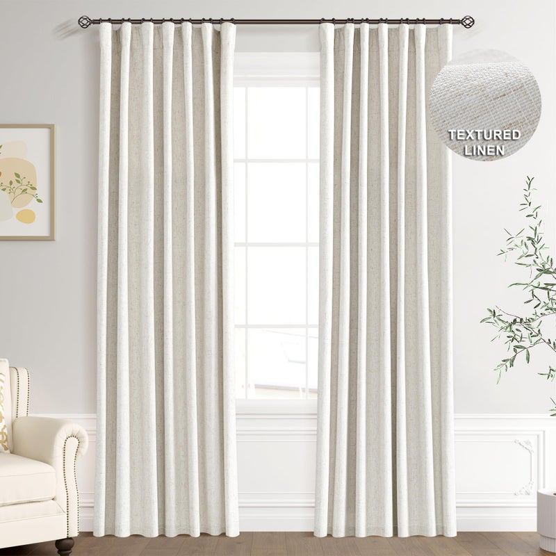 Joywell 100% Blackout Linen Curtains 96 Inches Long for Bedroom Natural Black Out Curtain 8 FT Hook Belt Room Darkening Drapes for Living Room Sliding Door Window Cream Ivory 2 Panel,52 x 96 - Image 1
