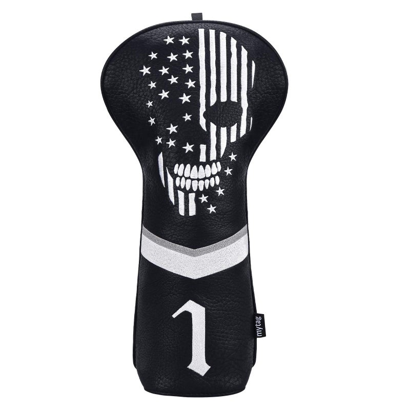 mytag caiobob mytag Golf Skull Skeleton Head cover Golf Club Black Leather Headcovers Set Fits Driver Fairway Wood Hybrid (1pc Driver Cover) - Image 1