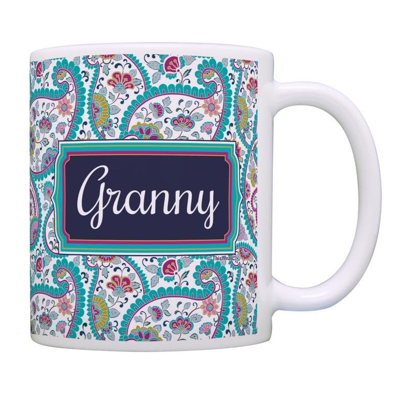 Mothers Day Gift for Granny Birthday Gift 11oz Ceramic Coffee Mug with Handle Paisley