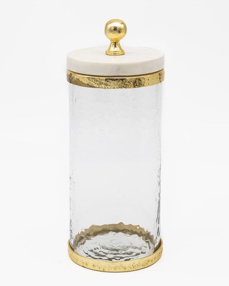 Godinger Canister Storage Container, Glass Storage Canister, Marble with Gold Band - 4x8 - Image 1