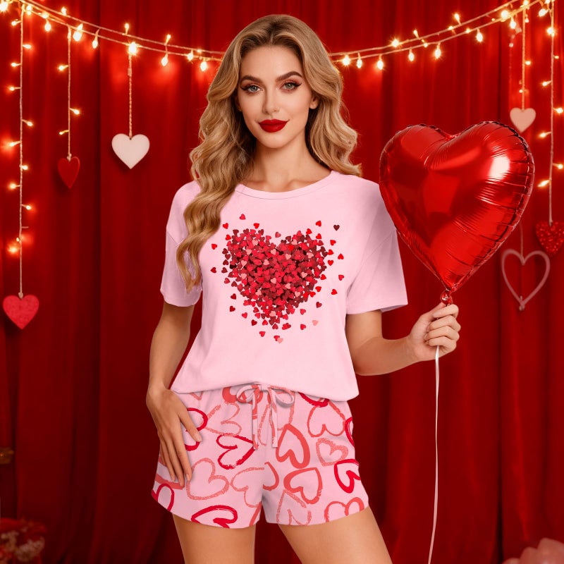 PECHAR Valentine Pajamas Women: Valentines Pjs 2 Piece Short Sleeve Heart Shirts and Pants Sleepwear Set Loungewear Pink - Image 2