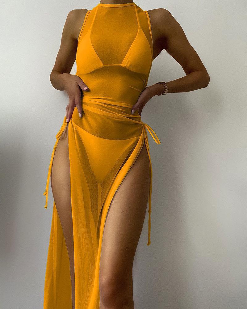 New Solid Color Bikini Blouse Beach Dress Three-Piece Swimsuit Women'S High-End Spring Swimsuit - Image 1