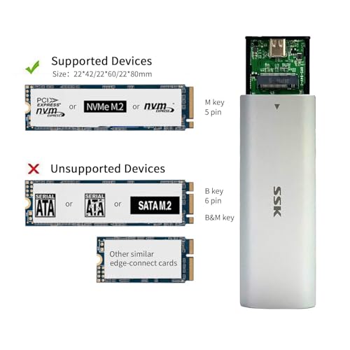 SSK M.2 SATA NVME SSD Enclosure Adapter Reader, Tool-Free, USB C 3.1/3.2 Gen 2 10Gbps PCIe, RTL9210B Chips - Image 3