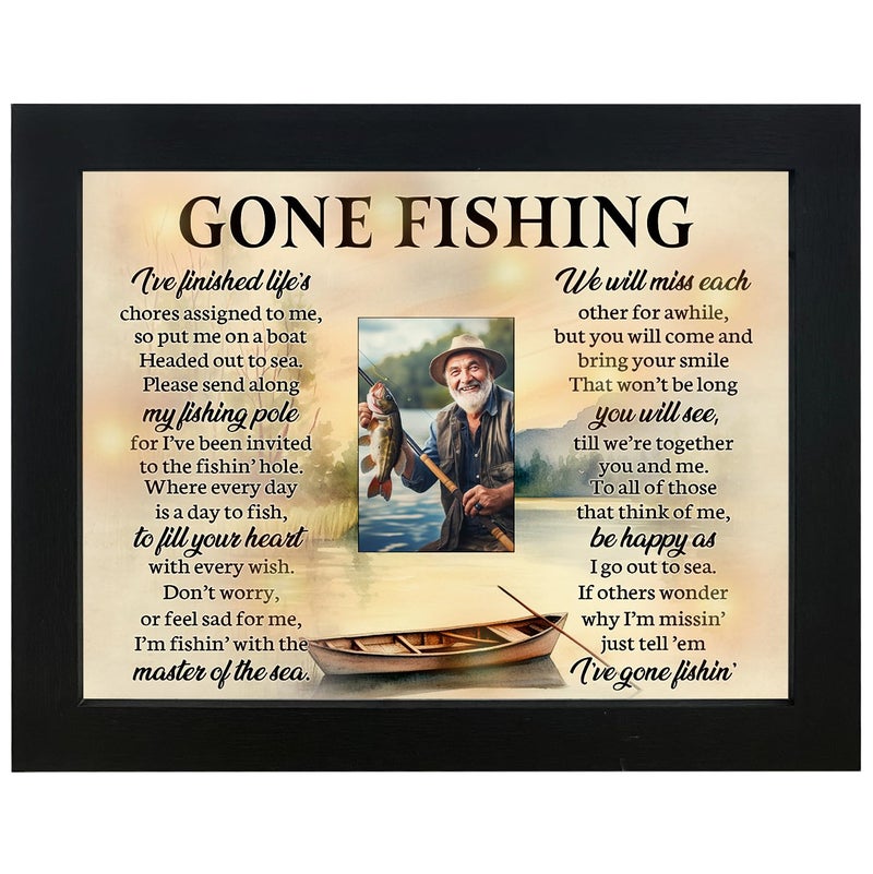 Myfihu Gone Fishing Memorial Shadow Box Fishing Picture Frame Memorial Gifts Sympathy Fishing Gifts Loss of Loved One Fisherman Dad Husband Fishing in Heaven Fish 2x3 TND6 