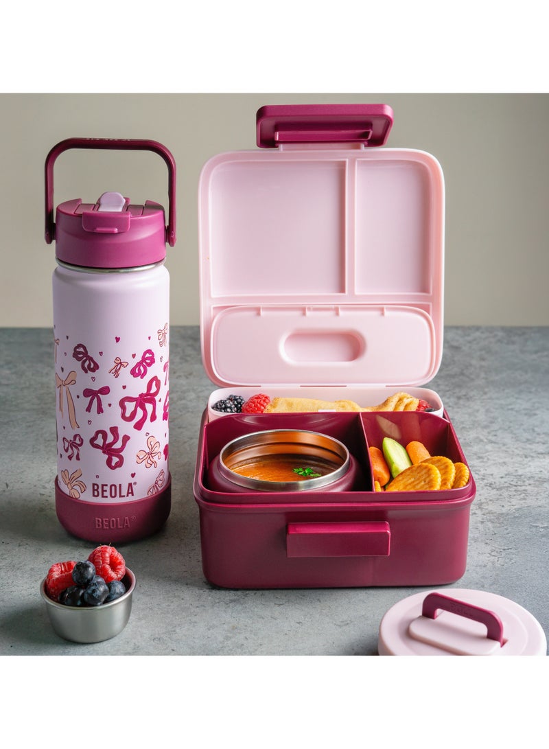 BEOLA SET of 2pcs, Lunch Box Kids School with Bottle, Bento Lunch Box for Kids with 8oz Insulated Thermos Food Jar and 550ml Insulated Water Bottle with Straw Lid, Bottle for Kids School (Blush&Bows) - Image 2