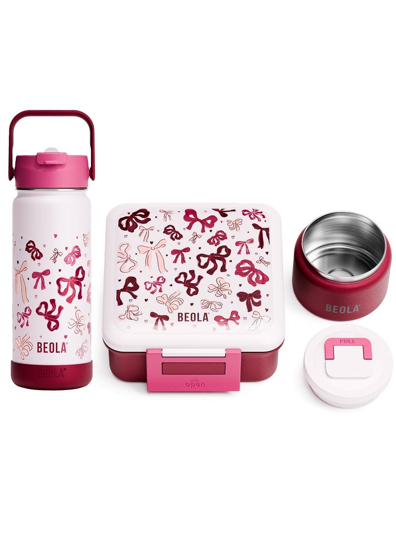 BEOLA SET of 2pcs, Lunch Box Kids School with Bottle, Bento Lunch Box for Kids with 8oz Insulated Thermos Food Jar and 550ml Insulated Water Bottle with Straw Lid, Bottle for Kids School (Blush&Bows) - Image 1