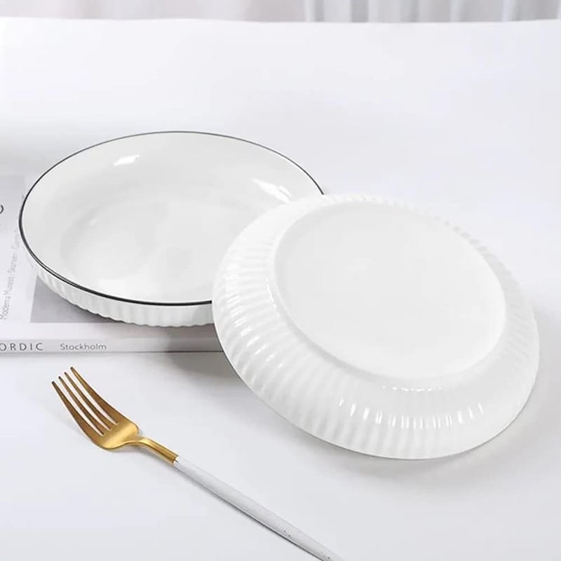 FS COOL Porcelain Striped 4Piece Plates And Bowls SetsRound Shape With Black LineVertical PatternLarge Bowl For Ice CreamSoupAnd Deep Dish For SnackCakePasta 2 Bowl 2 DishDinner Set - Image 3
