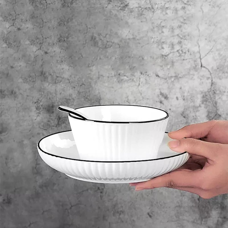 FS COOL Porcelain Striped 4Piece Plates And Bowls SetsRound Shape With Black LineVertical PatternLarge Bowl For Ice CreamSoupAnd Deep Dish For SnackCakePasta 2 Bowl 2 DishDinner Set - Image 4