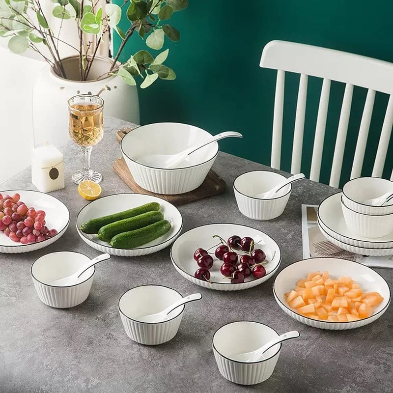 FS COOL Porcelain Striped 4Piece Plates And Bowls SetsRound Shape With Black LineVertical PatternLarge Bowl For Ice CreamSoupAnd Deep Dish For SnackCakePasta 2 Bowl 2 DishDinner Set - Image 5