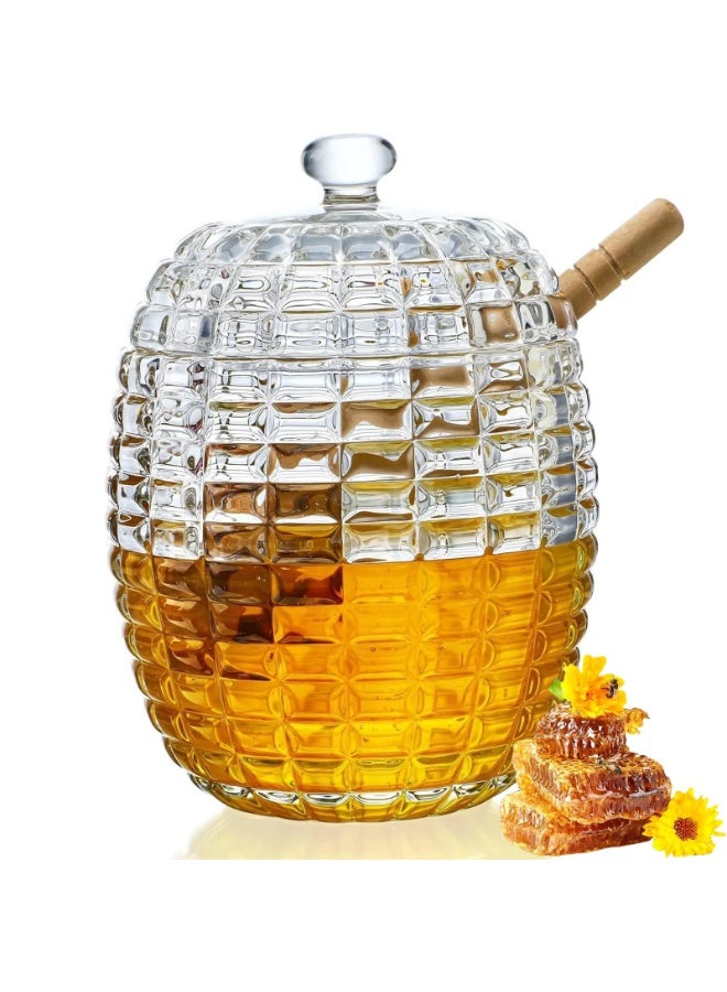 Crystal Honey Jar with Dippers, Glass Dispenser Honey Pot Containers,Honey Dipper Stick and Jar Set,Handmade Beehive Honey Jar with Dipper(A)