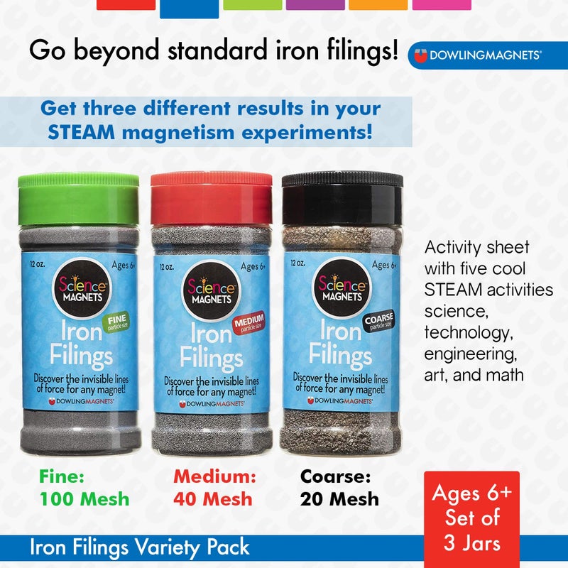 Dowling Magnets Dowling Magnets Iron Filings Variety Pack, 3 Jars (fine, Medium, coarse), 12 Ounces Each (731050)  - Image 2