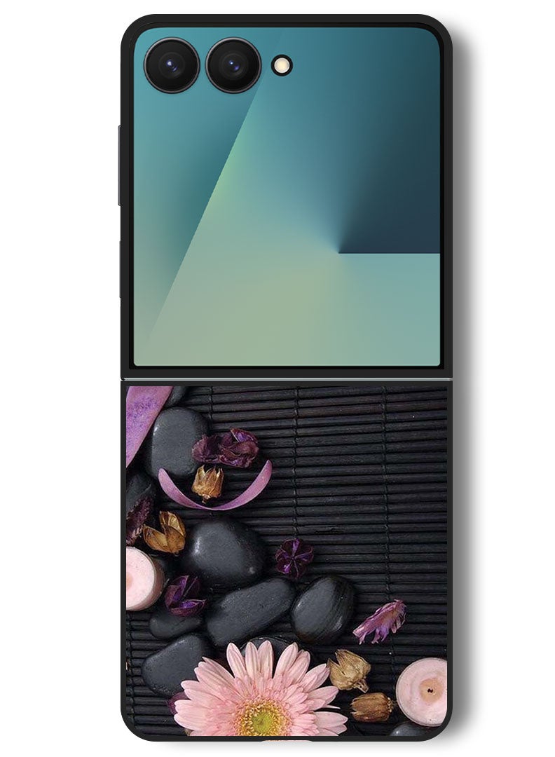Theodor Case Compatible with Samsung Galaxy Z Flip 7 - 6.9 Inch Protection Shockproof Bumper Cover Flowers & Stones - Image 1