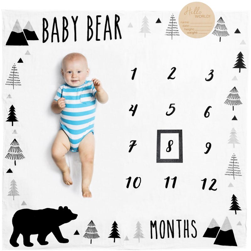 Pondering Pine Organic Baby Monthly Milestone Blanket Boy - Baby Bear Blanket with Month Marker Frame and Newborn Announcement Disc - 1-12 Months Milestones, Woodland, 47”x47” - Image 1