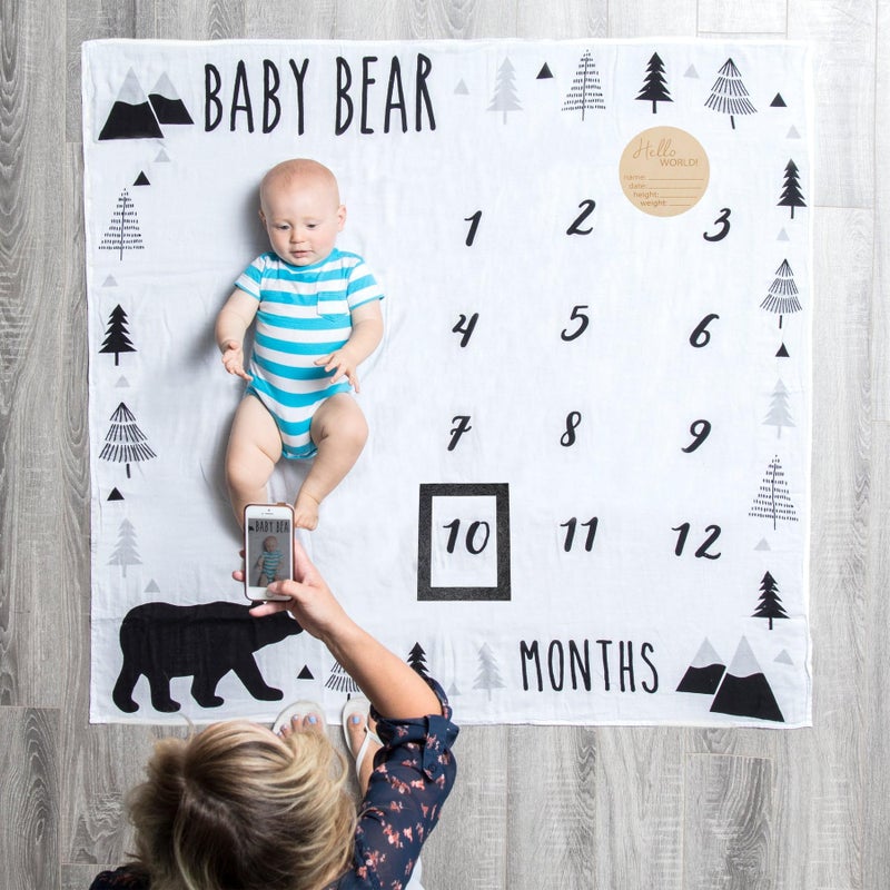 Pondering Pine Organic Baby Monthly Milestone Blanket Boy - Baby Bear Blanket with Month Marker Frame and Newborn Announcement Disc - 1-12 Months Milestones, Woodland, 47”x47” - Image 4