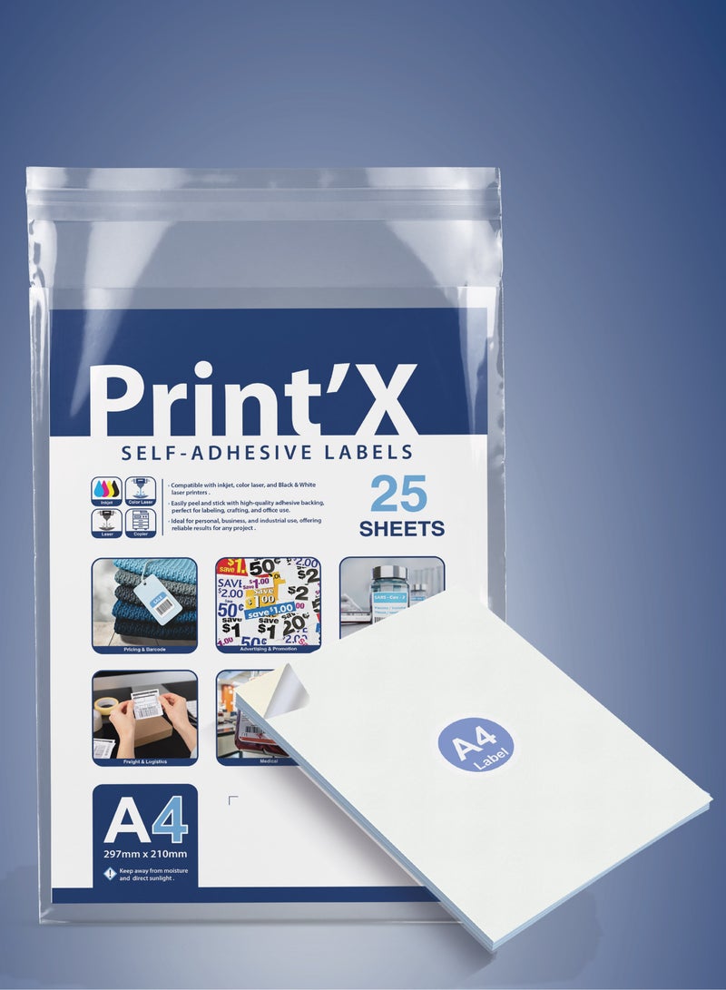 Print'X A4 Sticker Paper Self-Adhesive – 25 Sheets – Compatible with Inkjet, Laser & All Printers - Image 1