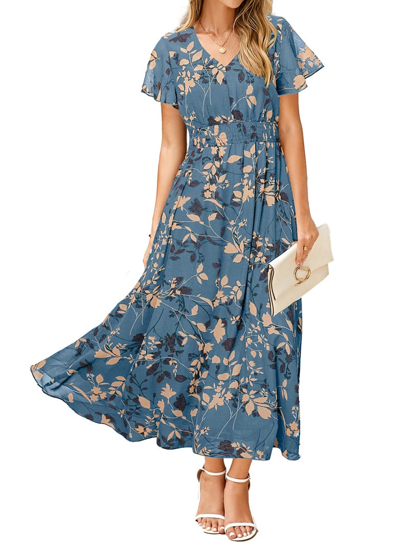 Simplee Apparel Simplee Womens Floral Maxi Dress - Short Sleeve Summer Boho Wedding Guest Dress Empire Waist Chiffon Modest Midi Dresses Dusty Blue,S - Image 1