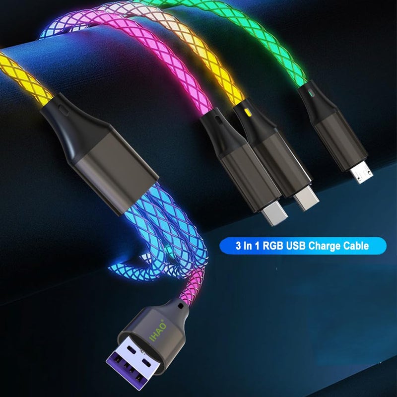 IHAO Multi Connectors Fast Charging Cable 3 Combinations in One Cable USB A to USB C/Micro USB Cord Lighted Up LED Flowing Compatible with Most of Electric Device-39 Inches RGB - Image 2
