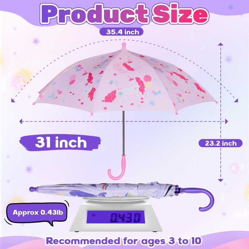 Profasion 2 Pack Kids Umbrellas, Toddler Umbrella for Girls Age 3-10, with Larger 35" Arc Perfect Size, Windproof and UV/Sun Protection, with Easy-Grip Hook Handle, Unicorn Pink and Purple - Image 4