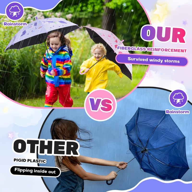 Profasion 2 Pack Kids Umbrellas, Toddler Umbrella for Girls Age 3-10, with Larger 35" Arc Perfect Size, Windproof and UV/Sun Protection, with Easy-Grip Hook Handle, Unicorn Pink and Purple - Image 3