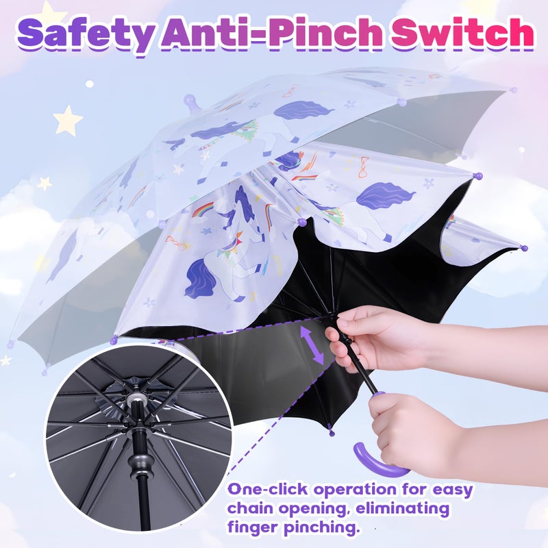 Profasion 2 Pack Kids Umbrellas, Toddler Umbrella for Girls Age 3-10, with Larger 35" Arc Perfect Size, Windproof and UV/Sun Protection, with Easy-Grip Hook Handle, Unicorn Pink and Purple - Image 5