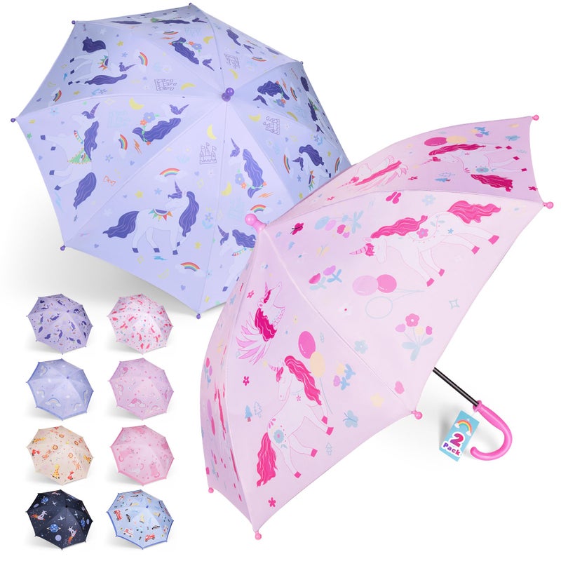Profasion 2 Pack Kids Umbrellas, Toddler Umbrella for Girls Age 3-10, with Larger 35" Arc Perfect Size, Windproof and UV/Sun Protection, with Easy-Grip Hook Handle, Unicorn Pink and Purple - Image 1