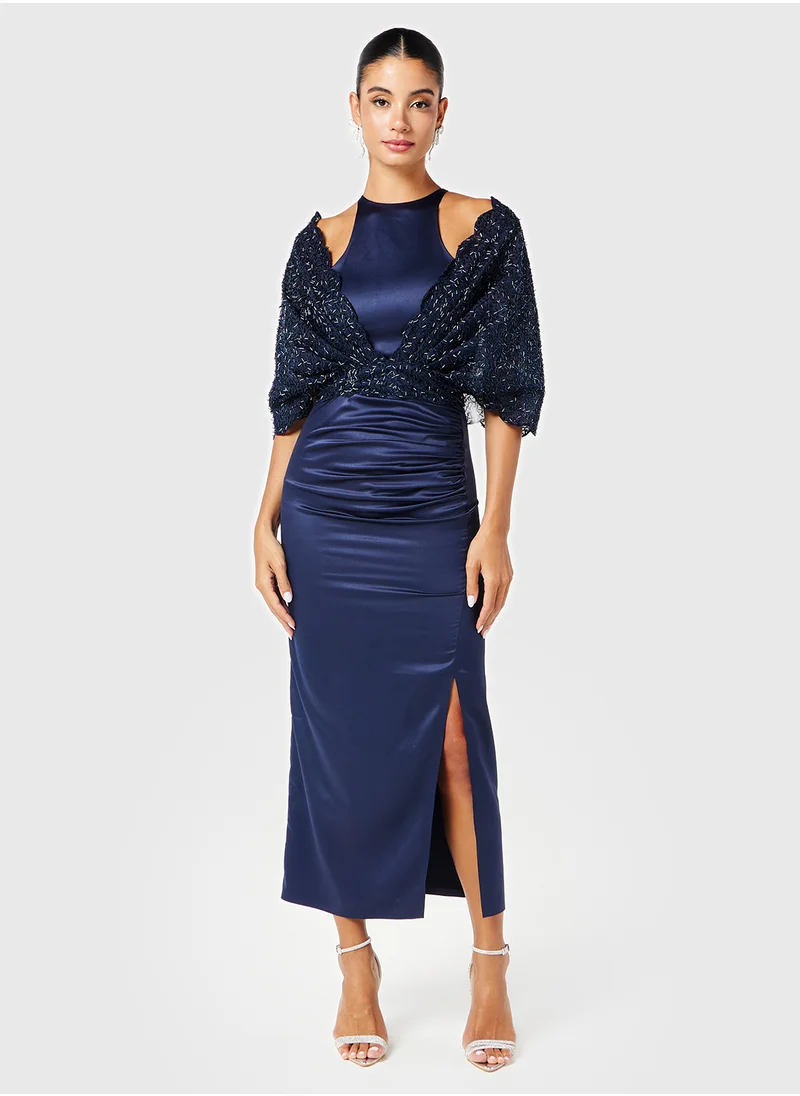 Threadz by Ajooni Detailed Off Shoulder Cape Slit Dress