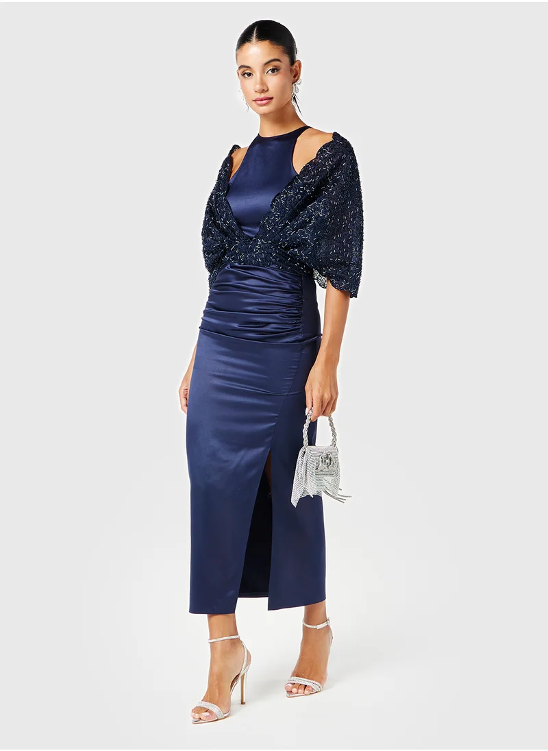 Threadz by Ajooni Detailed Off Shoulder Cape Slit Dress